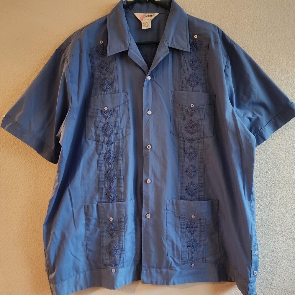 Supreme Shirt Mens 1X Blue Cuban Guayabera Embroidered Short Sleeve Button Up